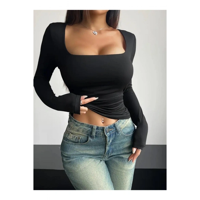 Kare Yaka Basic Dar Kesim Uzun Kollu Body Full Likralı Tam kalıp