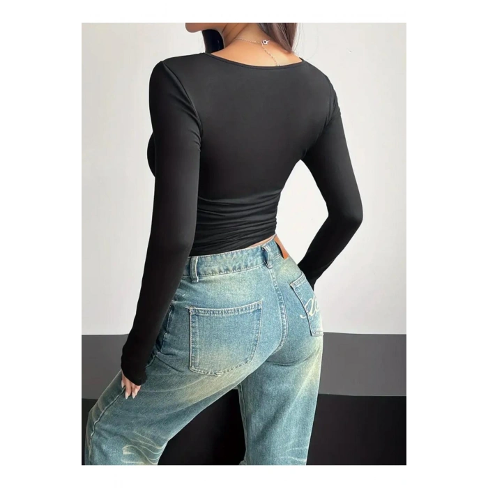 Kare Yaka Basic Dar Kesim Uzun Kollu Body Full Likralı Tam kalıp