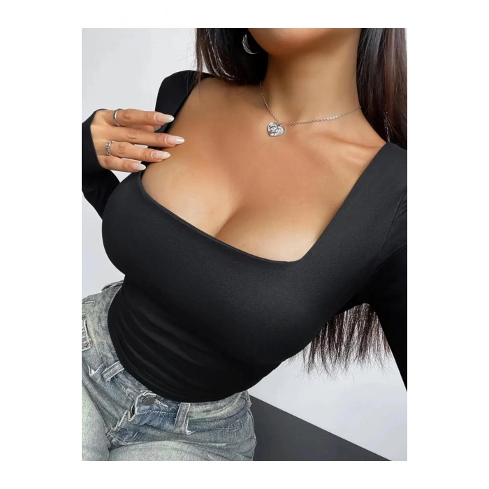 Kare Yaka Basic Dar Kesim Uzun Kollu Body Full Likralı Tam kalıp