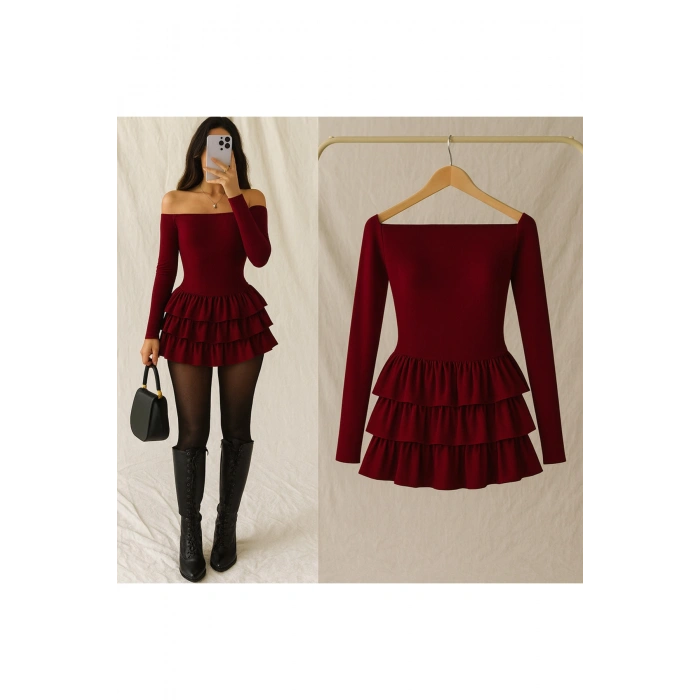 Kadın Kayık Yaka Volanlı Mini Elbise – Uzun Kollu