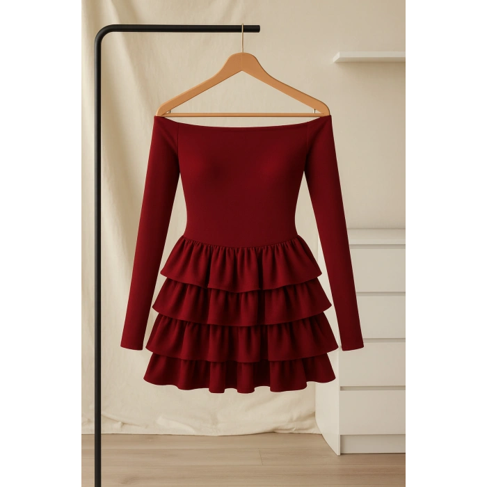 Kadın Kayık Yaka Volanlı Mini Elbise – Uzun Kollu