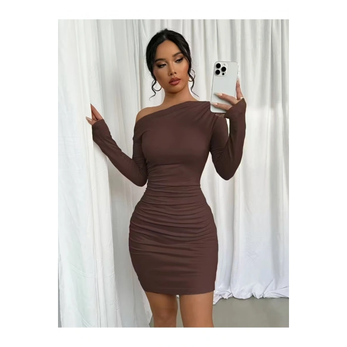 Tek Omuz Drapeli Vücuda Oturan Mini Elbise – Esnek Kumaş - Kışlıkk-Mevsimlik