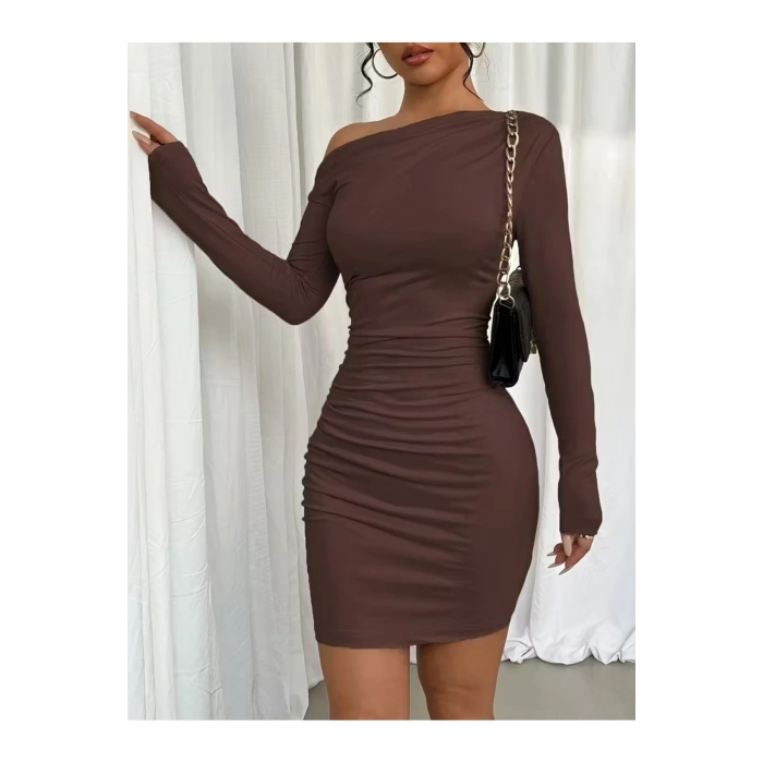 Tek Omuz Drapeli Vücuda Oturan Mini Elbise – Esnek Kumaş - Kışlıkk-Mevsimlik