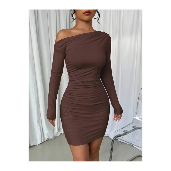 Tek Omuz Drapeli Vücuda Oturan Mini Elbise – Esnek Kumaş - Kışlıkk-Mevsimlik
