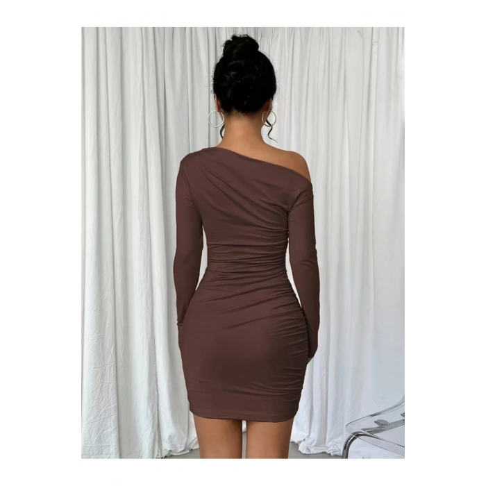 Tek Omuz Drapeli Vücuda Oturan Mini Elbise – Esnek Kumaş - Kışlıkk-Mevsimlik