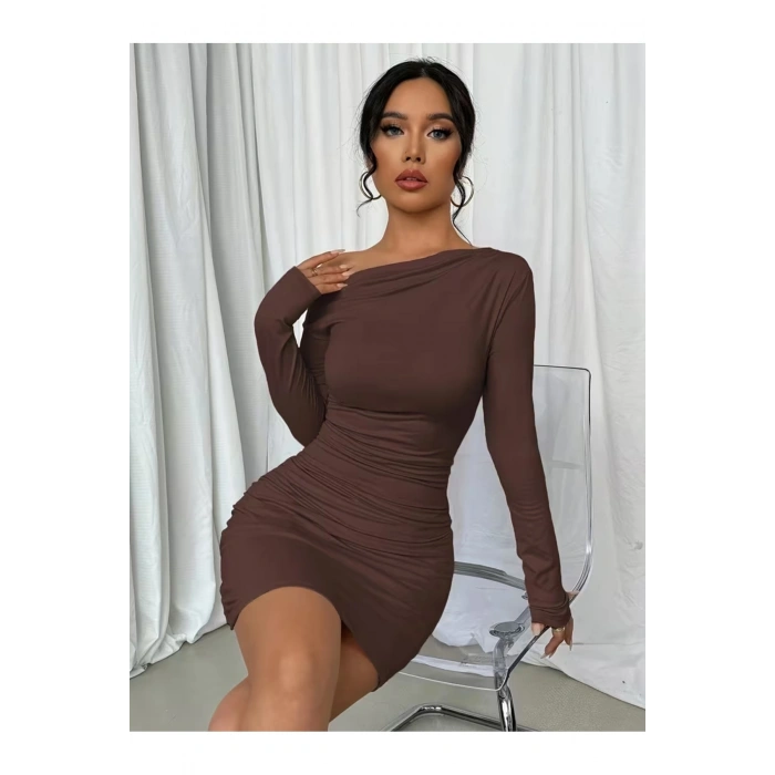 Tek Omuz Drapeli Vücuda Oturan Mini Elbise – Esnek Kumaş - Kışlıkk-Mevsimlik