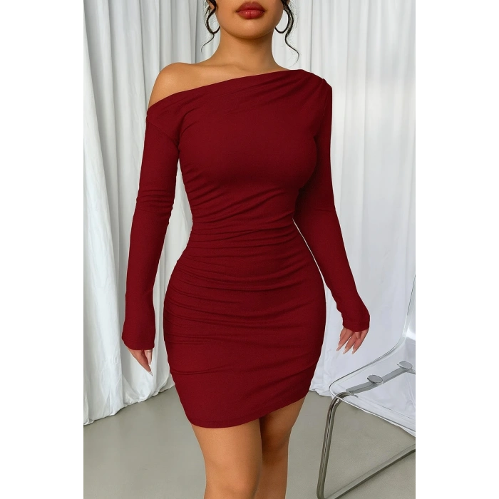 Tek Omuz Drapeli Vücuda Oturan Mini Elbise – Esnek Kumaş - Kışlıkk-Mevsimlik