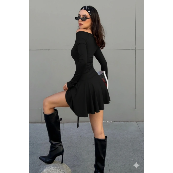 Kayık Yaka Drapeli Mini Elbise – Günlük & Şık Kullanım, Esnek Fit