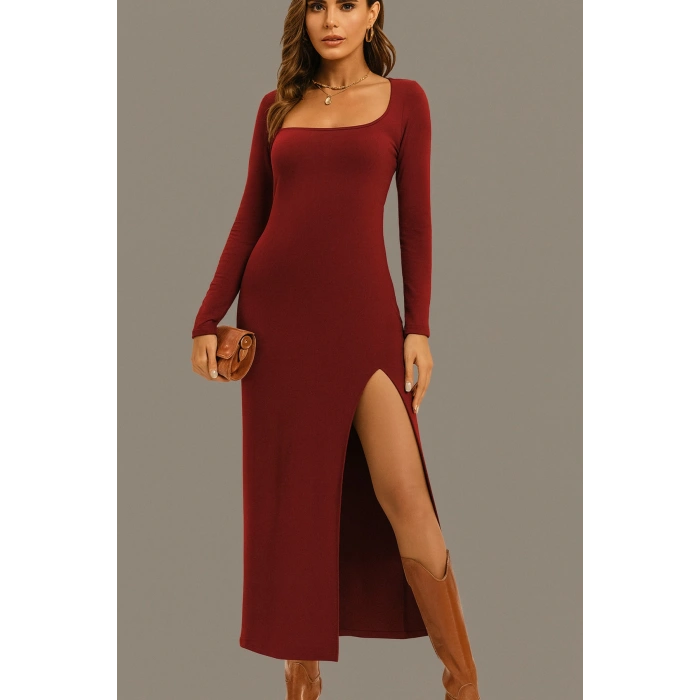 Kare Yaka Uzun Kollu Yırtmaçlı Elbise – Esnek Kumaş, Vücuda Oturan Şık Abiye Günlük Elbise