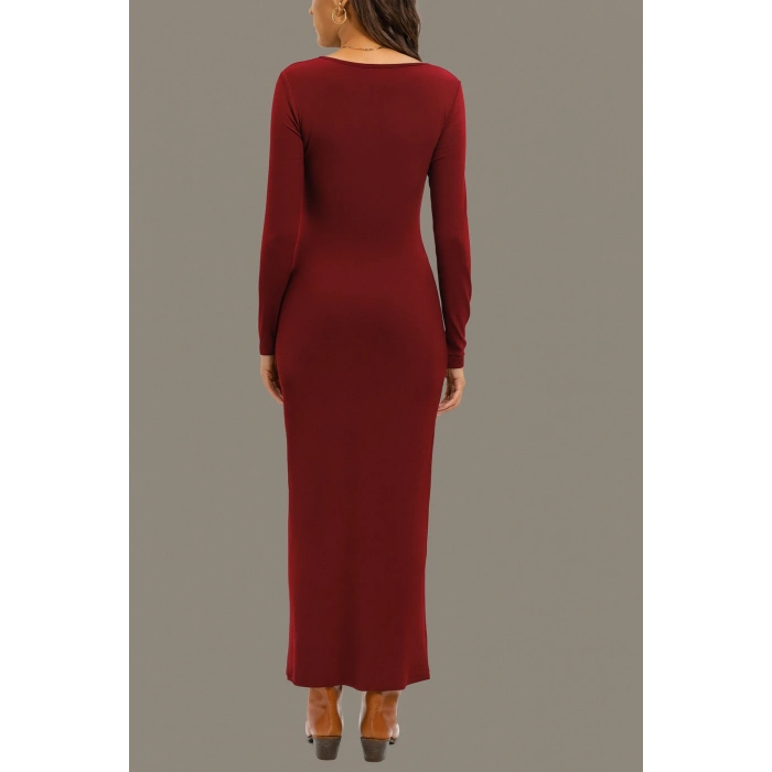 Kare Yaka Uzun Kollu Yırtmaçlı Elbise – Esnek Kumaş, Vücuda Oturan Şık Abiye Günlük Elbise