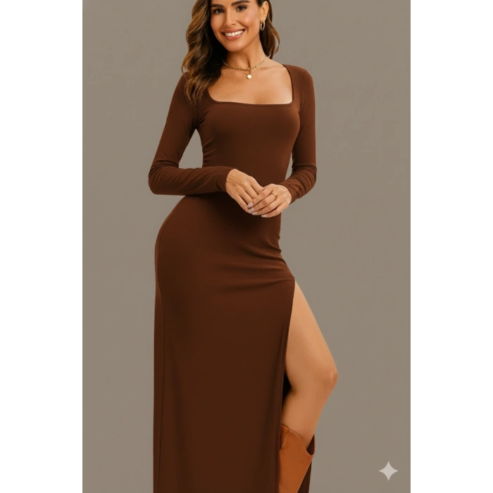 Kare Yaka Uzun Kollu Yırtmaçlı Elbise – Esnek Kumaş, Vücuda Oturan Şık Abiye Günlük Elbise