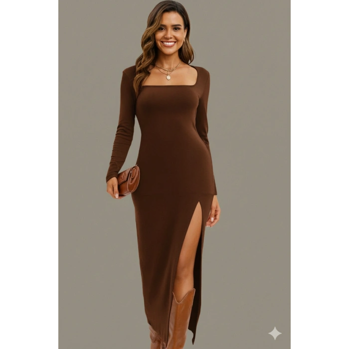 Kare Yaka Uzun Kollu Yırtmaçlı Elbise – Esnek Kumaş, Vücuda Oturan Şık Abiye Günlük Elbise