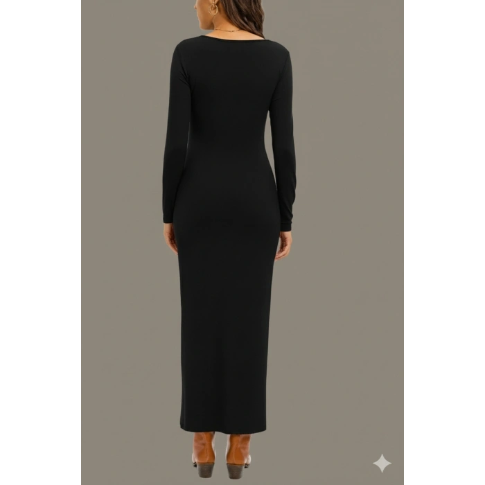 Kare Yaka Uzun Kollu Yırtmaçlı Elbise – Esnek Kumaş, Vücuda Oturan Şık Abiye Günlük Elbise