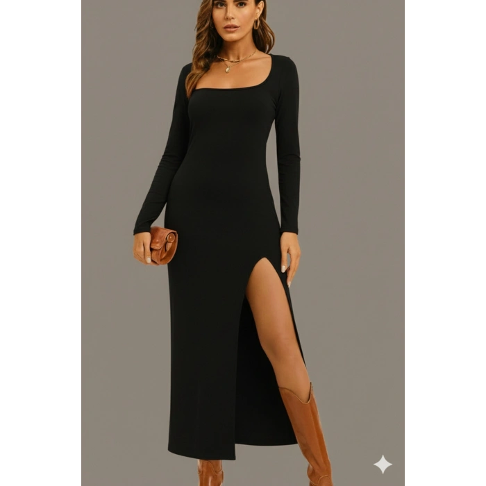 Kare Yaka Uzun Kollu Yırtmaçlı Elbise – Esnek Kumaş, Vücuda Oturan Şık Abiye Günlük Elbise