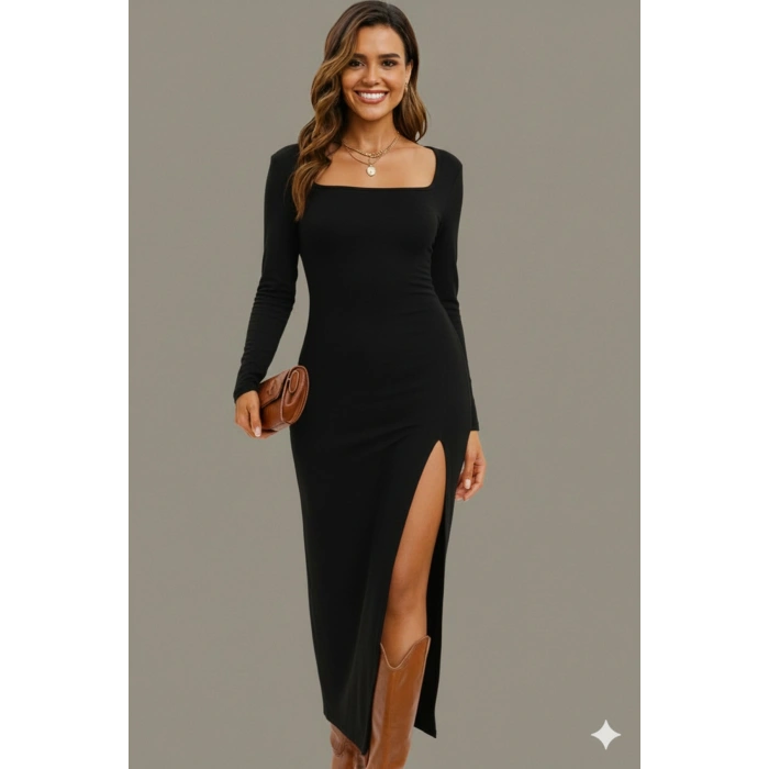 Kare Yaka Uzun Kollu Yırtmaçlı Elbise – Esnek Kumaş, Vücuda Oturan Şık Abiye Günlük Elbise