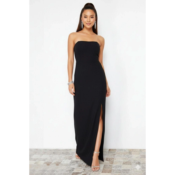 Siyah Vücuda Oturan Dokuma Uzun Şık Gece Elbisesi
