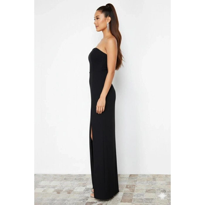Siyah Vücuda Oturan Dokuma Uzun Şık Gece Elbisesi