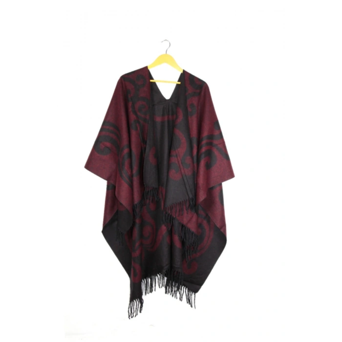 Kadın Bordo Çift Taraflı Omuz Şal Panço