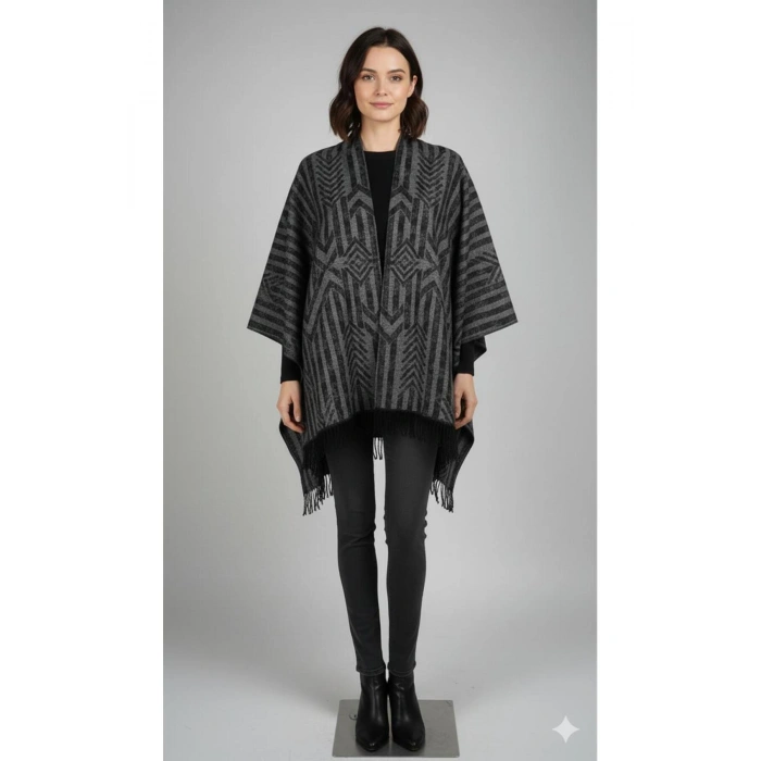 Kadın Gri Çift Taraflı Omuz Şalı Panço 130x160
