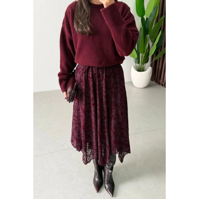 Tül Detaylı Asimetrik Astarlı Uzun Etek