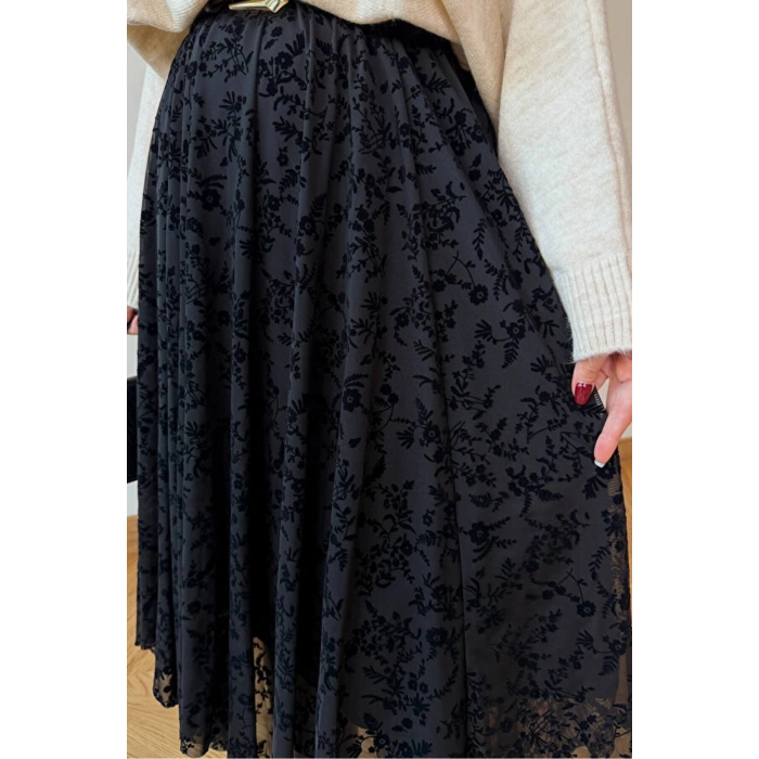 Tül Detaylı Asimetrik Astarlı Uzun Etek