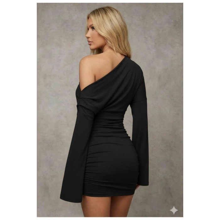 Asimetrik Yaka Düşük Omuz Detaylı Uzun Kollu Likralı Elbise ( Mevsimlik ve Kışlık )