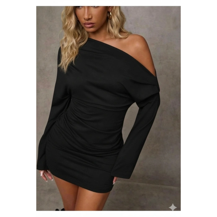 Asimetrik Yaka Düşük Omuz Detaylı Uzun Kollu Likralı Elbise ( Mevsimlik ve Kışlık )