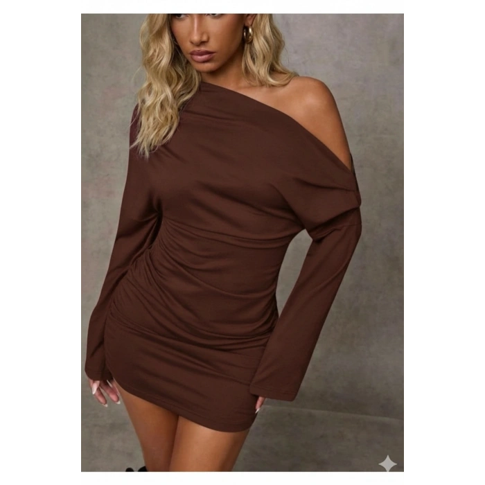 Asimetrik Yaka Düşük Omuz Detaylı Uzun Kollu Likralı Elbise ( Mevsimlik ve Kışlık )