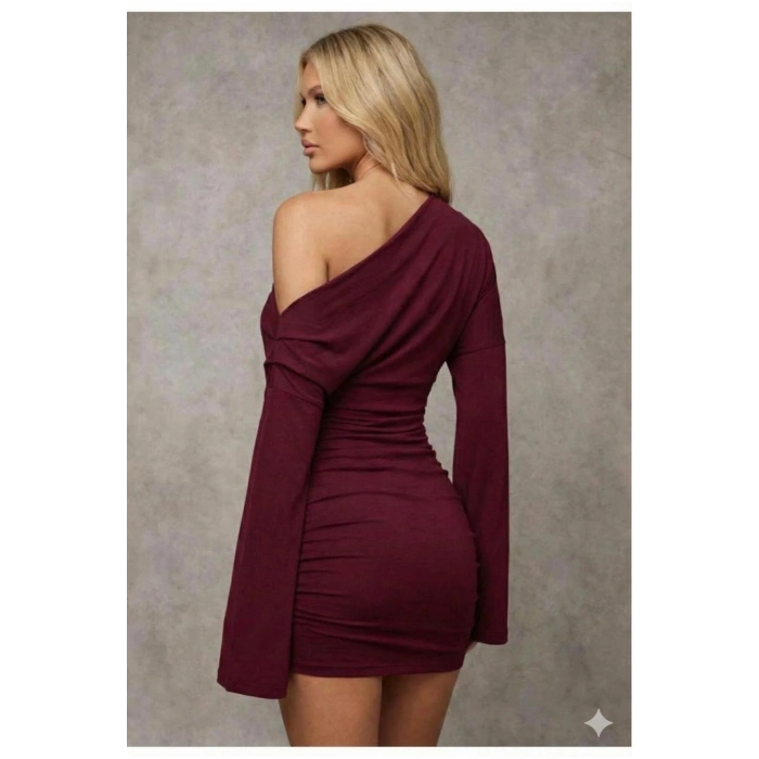 Asimetrik Yaka Düşük Omuz Detaylı Uzun Kollu Likralı Elbise ( Mevsimlik ve Kışlık )