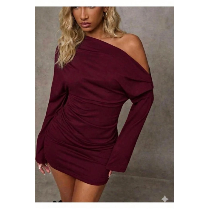 Asimetrik Yaka Düşük Omuz Detaylı Uzun Kollu Likralı Elbise ( Mevsimlik ve Kışlık )