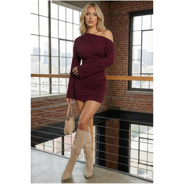 Asimetrik Yaka Düşük Omuz Detaylı Uzun Kollu Likralı Elbise ( Mevsimlik ve Kışlık )