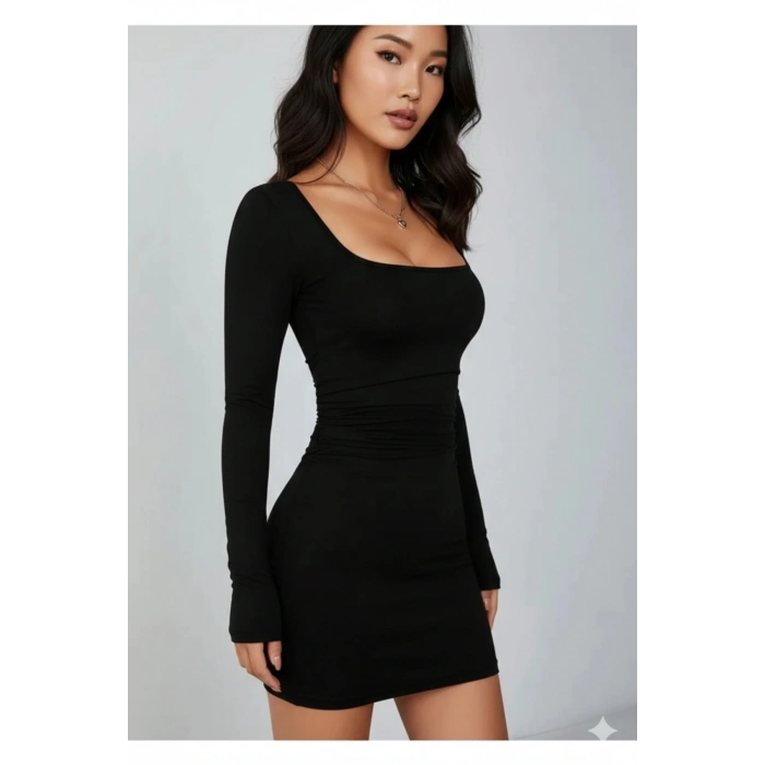 Uzun Kollu Likralı Mini Elbise ( Mevsimlik ve Kışlık )