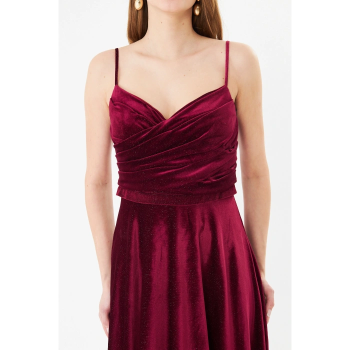 Askılı Drapeli Uzun Abiye Elbise – Şık Gece Davet Düğün Elbisesi