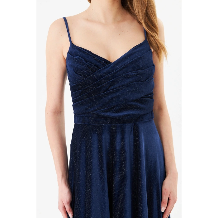 Askılı Drapeli Uzun Abiye Elbise – Şık Gece Davet Düğün Elbisesi