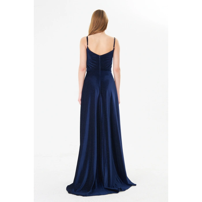 Askılı Drapeli Uzun Abiye Elbise – Şık Gece Davet Düğün Elbisesi