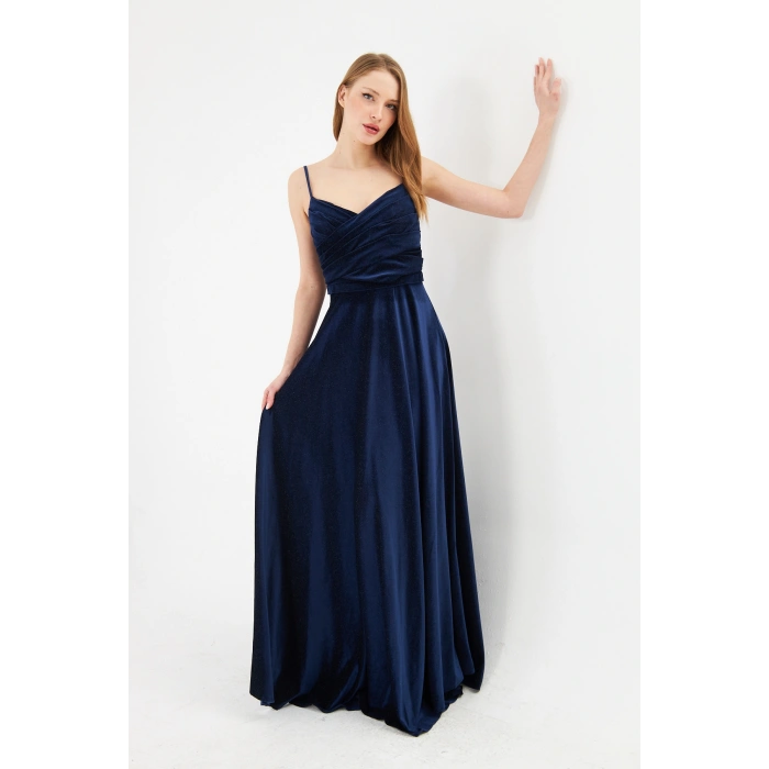 Askılı Drapeli Uzun Abiye Elbise – Şık Gece Davet Düğün Elbisesi