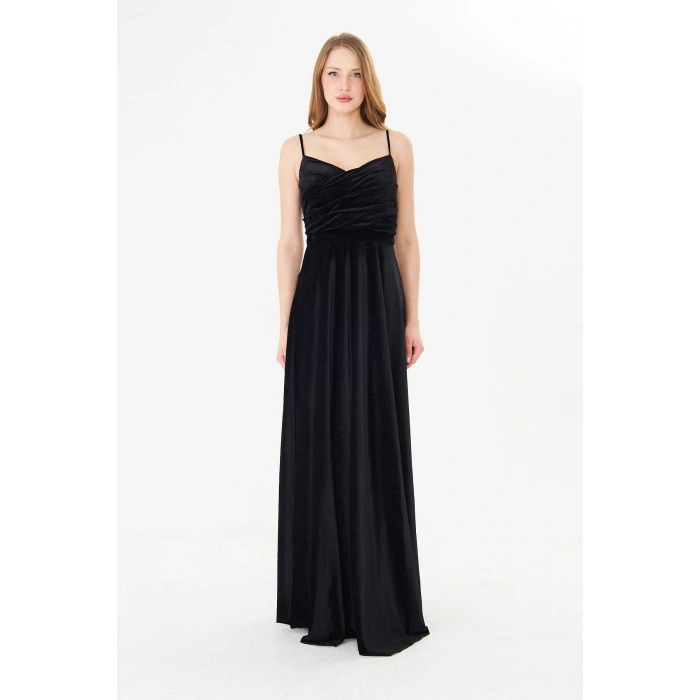 Askılı Drapeli Uzun Abiye Elbise – Şık Gece Davet Düğün Elbisesi