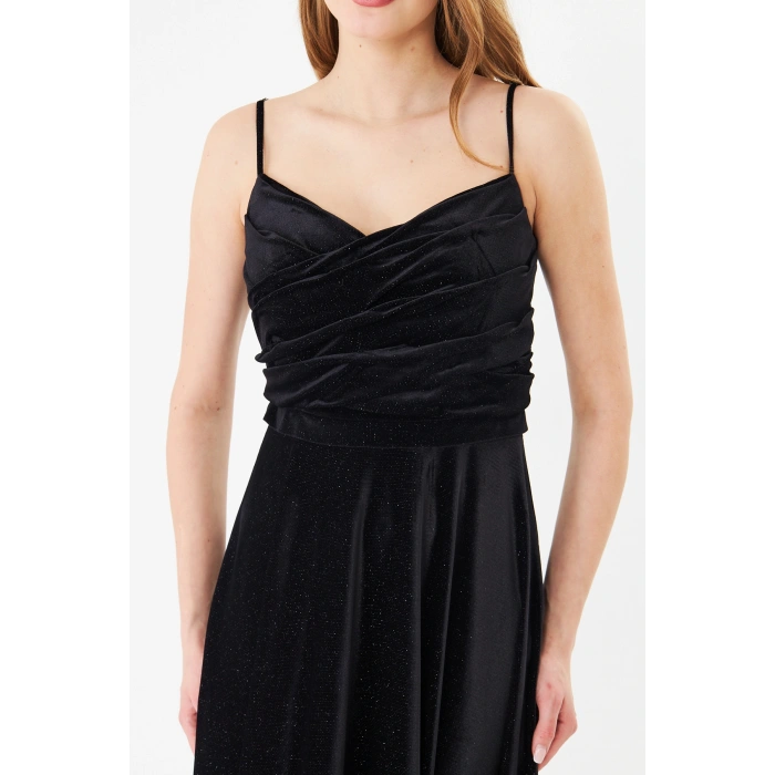 Askılı Drapeli Uzun Abiye Elbise – Şık Gece Davet Düğün Elbisesi