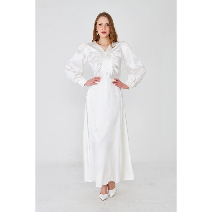 Uzun Kollu Düğme Detaylı Maxi Elbise