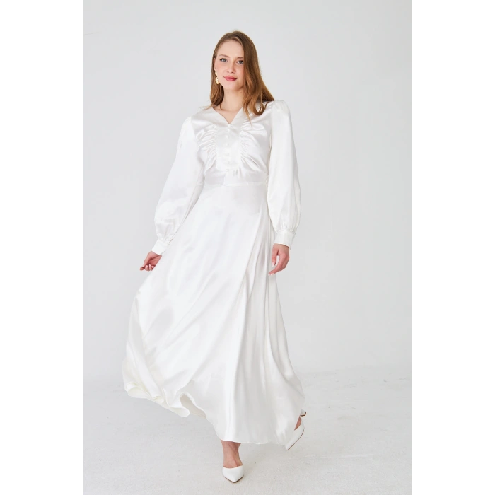 Uzun Kollu Düğme Detaylı Maxi Elbise