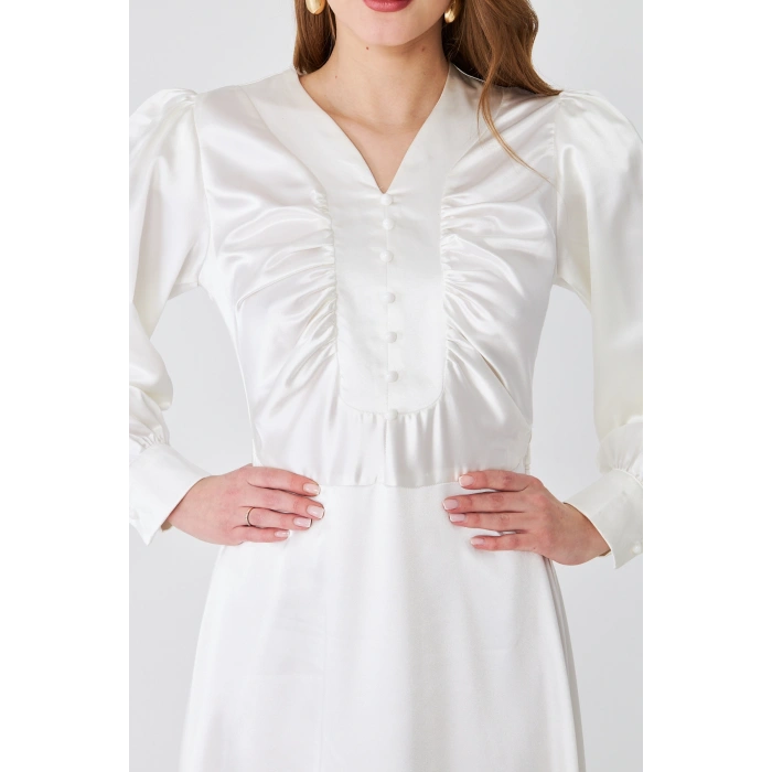 Uzun Kollu Düğme Detaylı Maxi Elbise