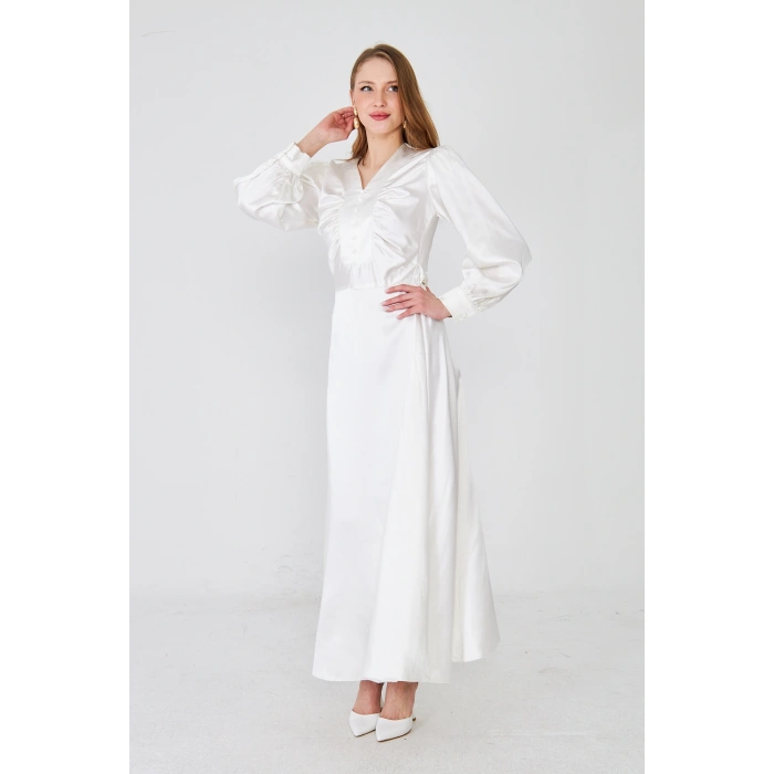 Uzun Kollu Düğme Detaylı Maxi Elbise