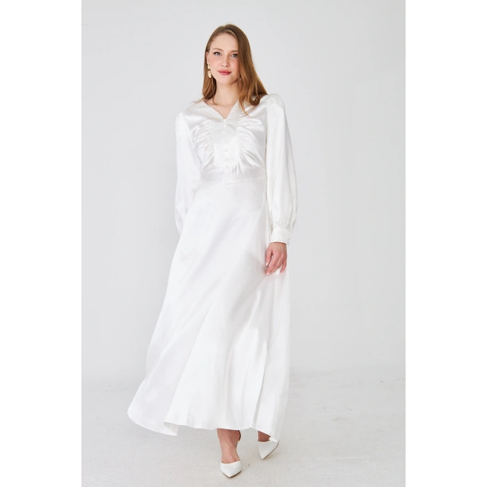 Uzun Kollu Düğme Detaylı Maxi Elbise