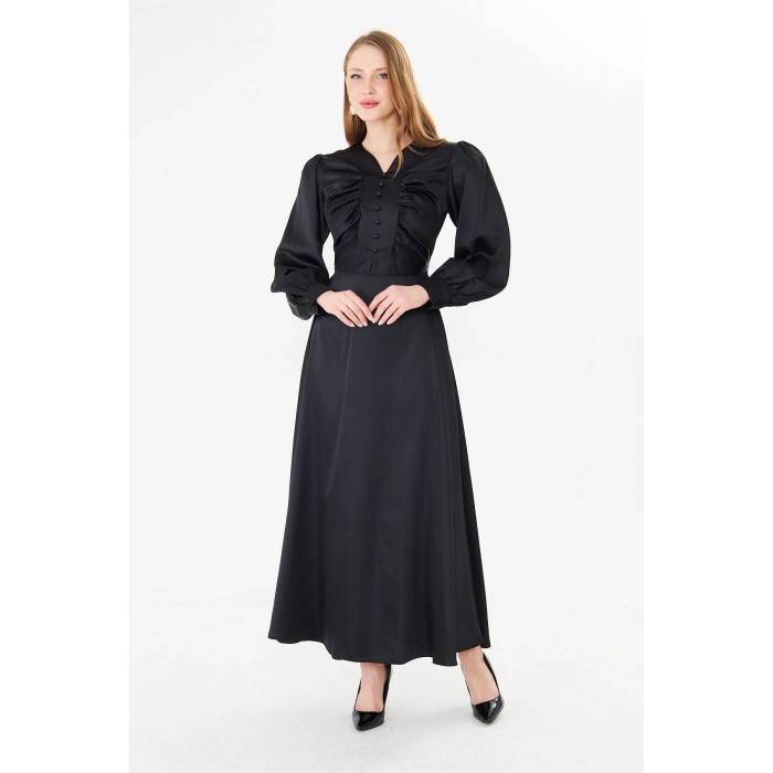 Uzun Kollu Düğme Detaylı Maxi Elbise