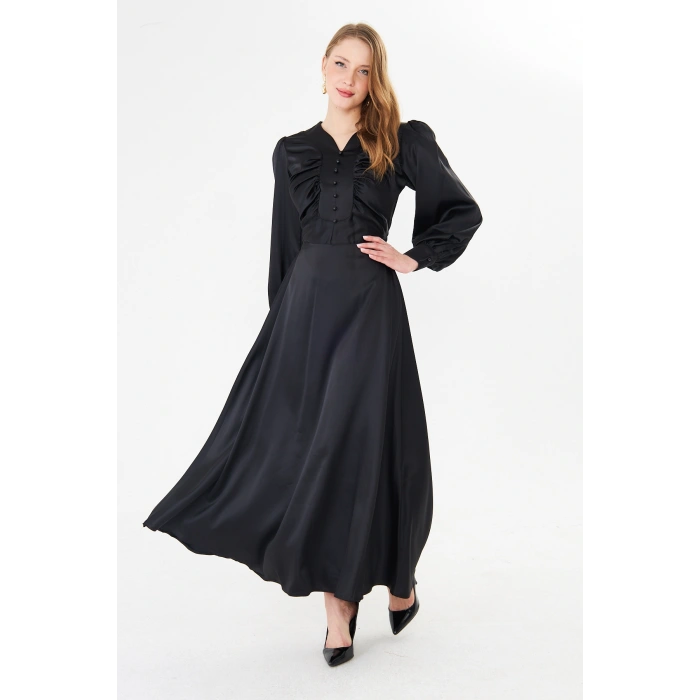 Uzun Kollu Düğme Detaylı Maxi Elbise