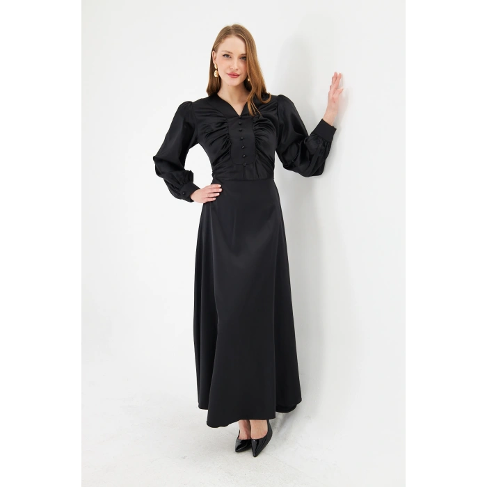 Uzun Kollu Düğme Detaylı Maxi Elbise