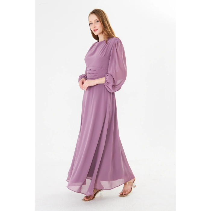 Balon Kollu Pileli Şifon Maxi Elbise – Astarlı Zarif Tasarım