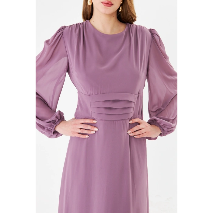 Balon Kollu Pileli Şifon Maxi Elbise – Astarlı Zarif Tasarım