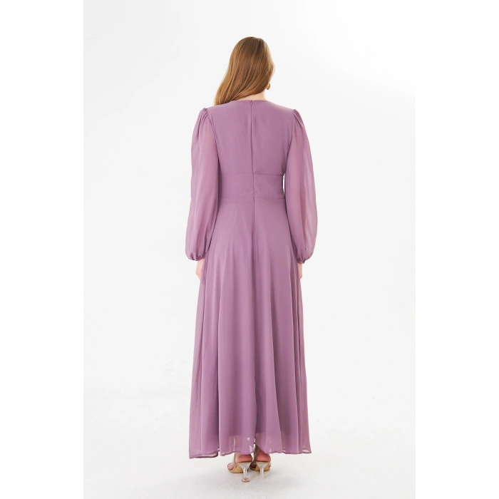 Balon Kollu Pileli Şifon Maxi Elbise – Astarlı Zarif Tasarım