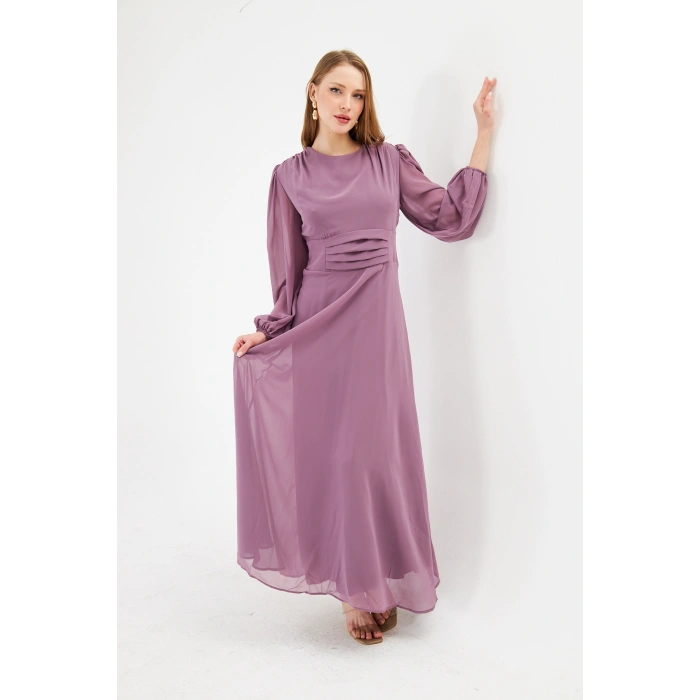 Balon Kollu Pileli Şifon Maxi Elbise – Astarlı Zarif Tasarım